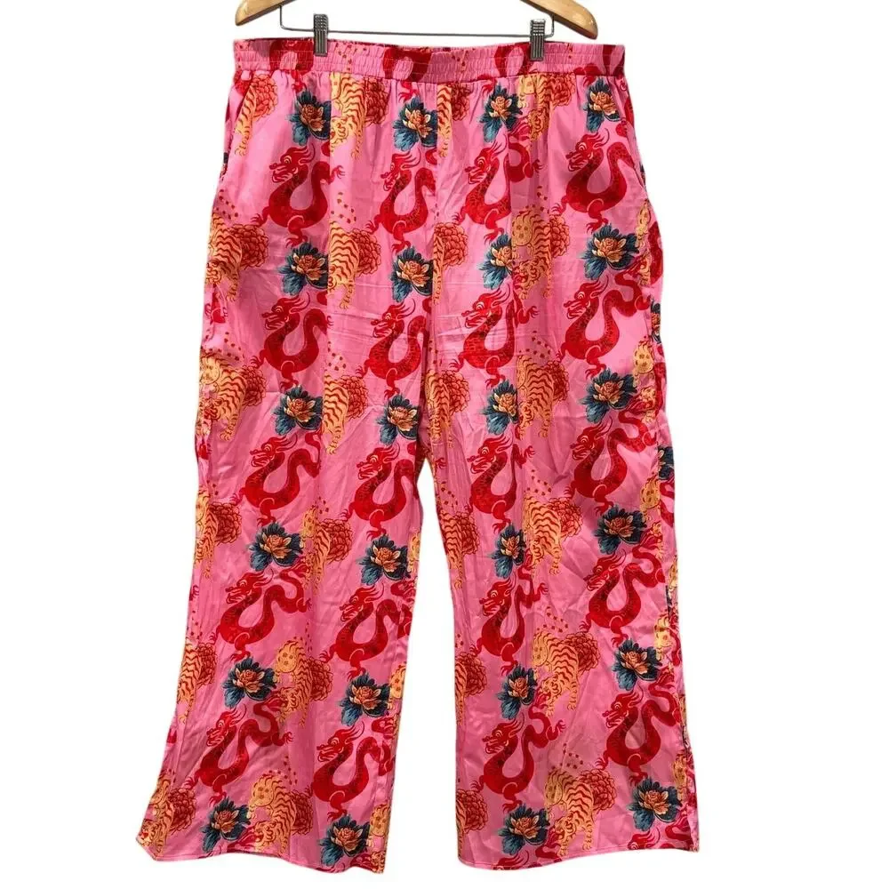 Dressed in LALA Year of the Dragon Satin Wide Leg Pants Dragon Tiger Women's 3XL